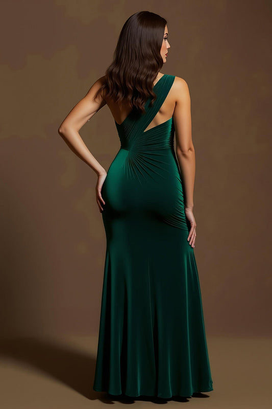 Robe de soirée longue sirène asymétrique en velours vert foncé avec fente
