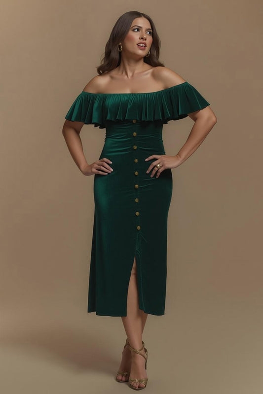 Robe de soirée longue fendue en velours vert foncé à épaules dénudées avec boutons