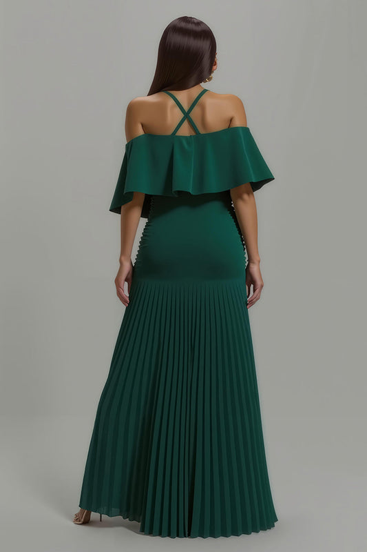 Robe de soirée longue vert foncé plissée à licou à volants