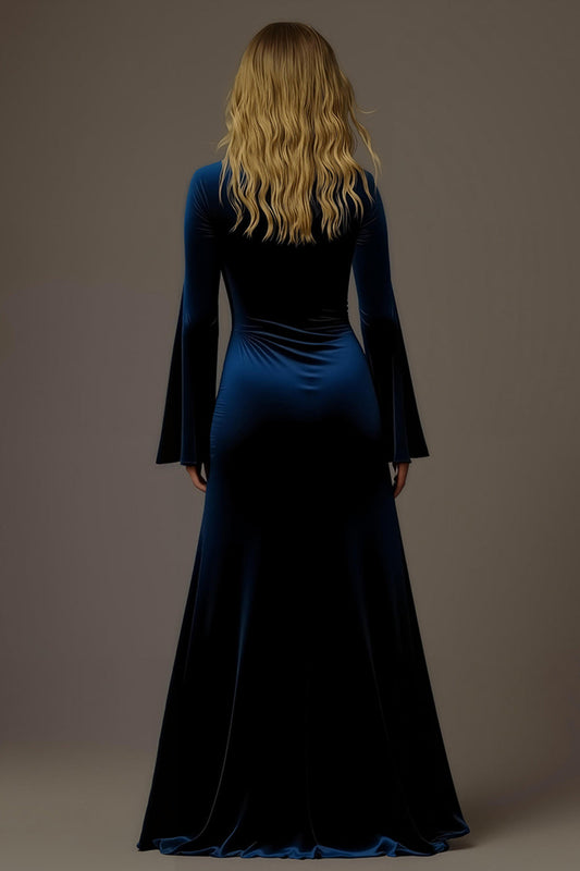 Robe de soirée moulante bleu roi en velours à col en V et manches longues