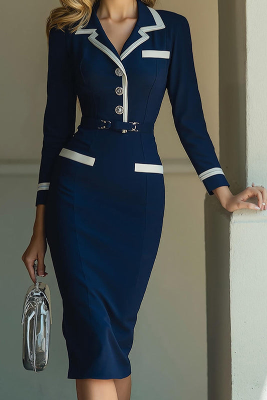 Robe blazer midi de travail bleu marine en satin à revers crantés, à coupe crayon et manches