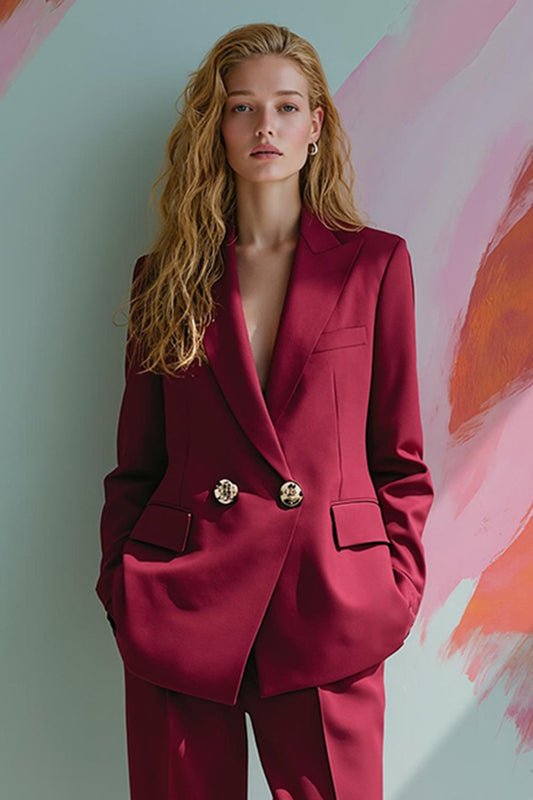Costume de bal deux pièces bordeaux pour femme avec revers crantés et poches