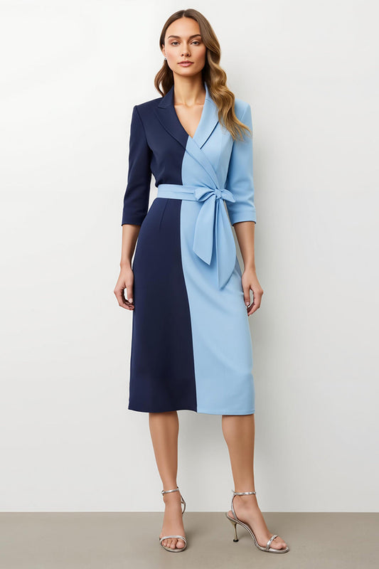 Robe blazer longue patchwork bleu marine à revers crantés avec nœud