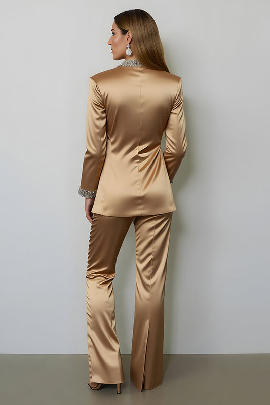 Sparkly Dark Golden Peak Lapel 2 Piece Women's Prom Suit