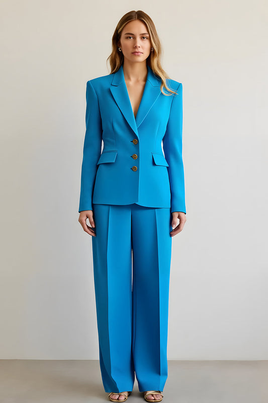 Blue 2 Piece Notched Lapel Satin Women's Prom Suit