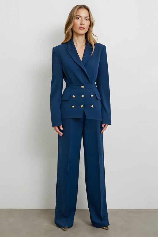 Costumes de travail en satin bleu foncé, croisé, 2 pièces