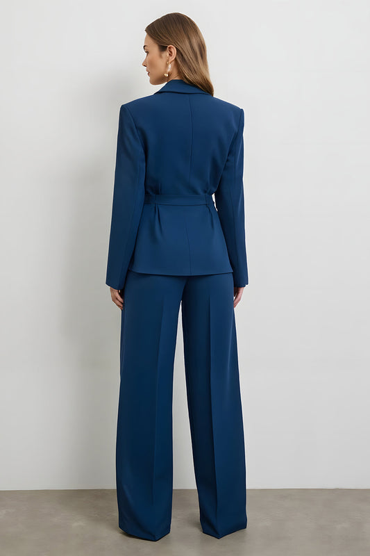 Costumes de travail en satin bleu foncé, croisé, 2 pièces