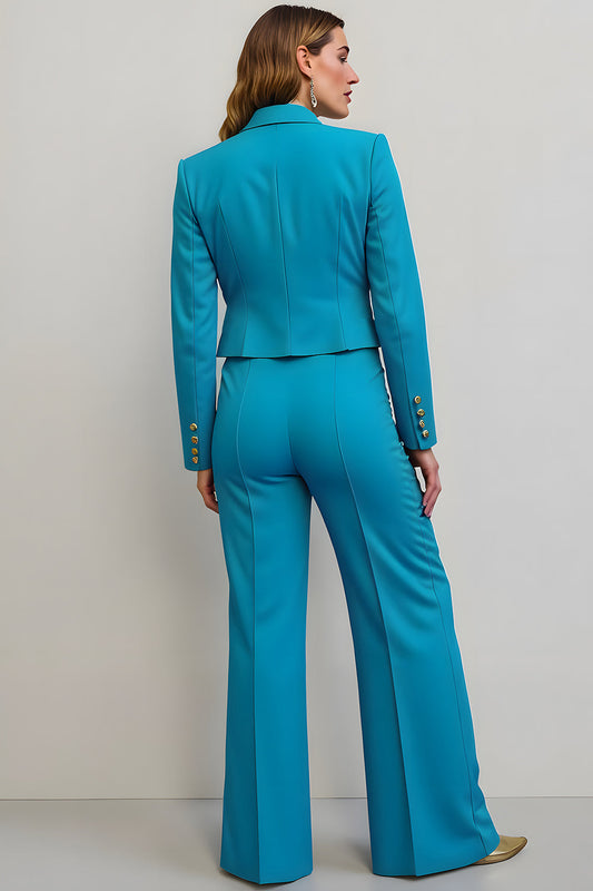 Tailleur de soirée 2 pièces bleu en satin à revers pointus pour femme