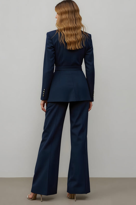 Costume de bal 2 pièces en satin bleu marine avec revers cranté pour femme