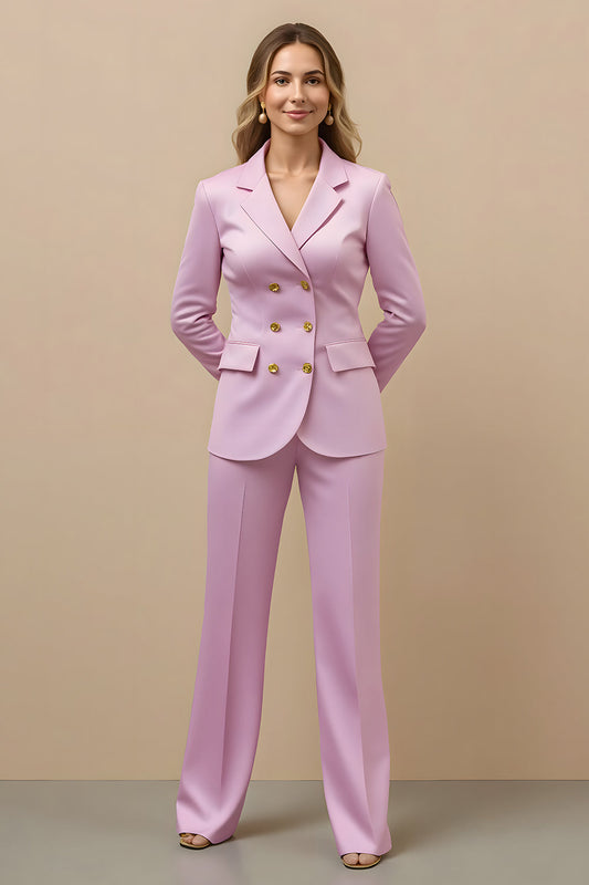 Ensemble tailleur 2 pièces en satin rose, avec revers crantés et double boutonnage pour femme
