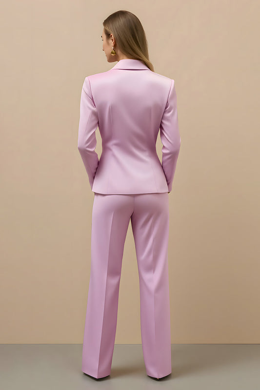 Ensemble tailleur 2 pièces en satin rose, avec revers crantés et double boutonnage pour femme