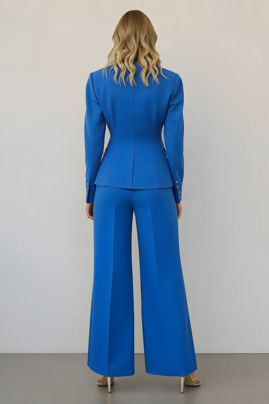 Costumes d'affaires 2 pièces en satin bleu à simple boutonnage avec poches