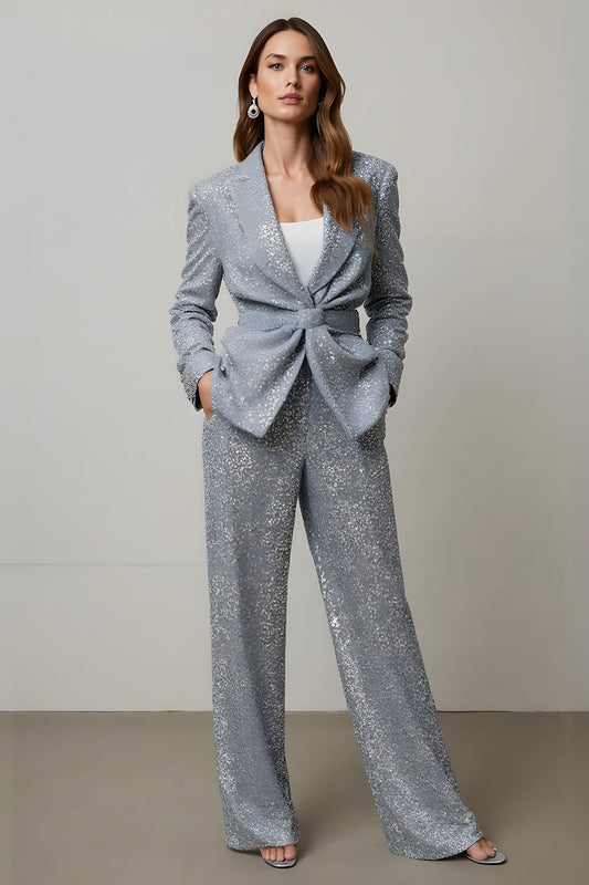 Ensembles de costume de bal à paillettes gris étincelant 2 pièces avec poches pour femme