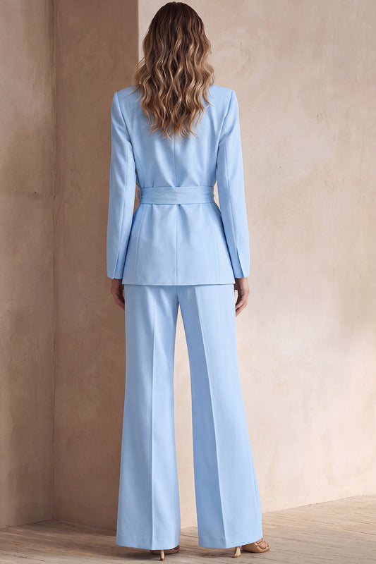Costume de Travail Bleu en Satin, 2 Pièces, à Revers Pointus avec Ceinture