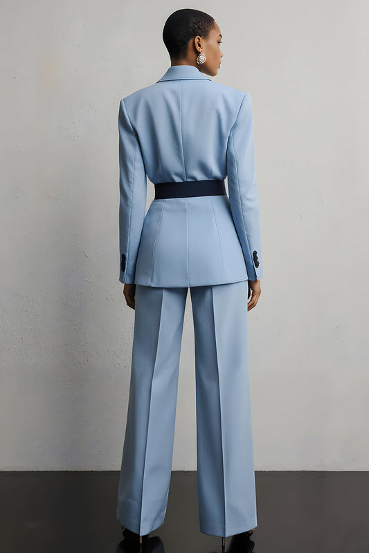 Costumes d'affaires 2 pièces bleu clair à revers pointus avec ceinture