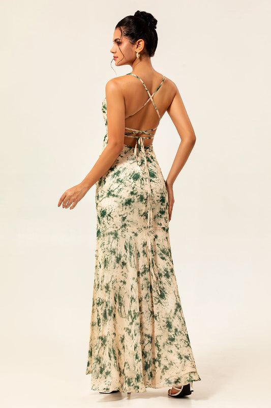 Robe de demoiselle d'honneur sirène fendue imprimée florale champagne
