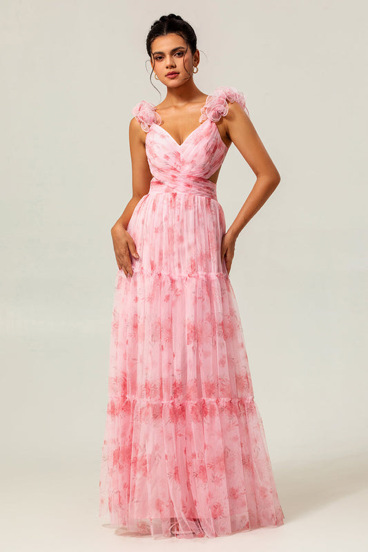 Robe de demoiselle d'honneur longue en tulle volanté ligne A blush fleuri