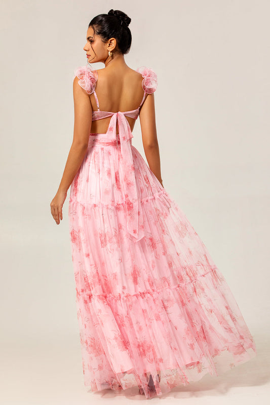 Robe de demoiselle d'honneur longue en tulle volanté ligne A blush fleuri