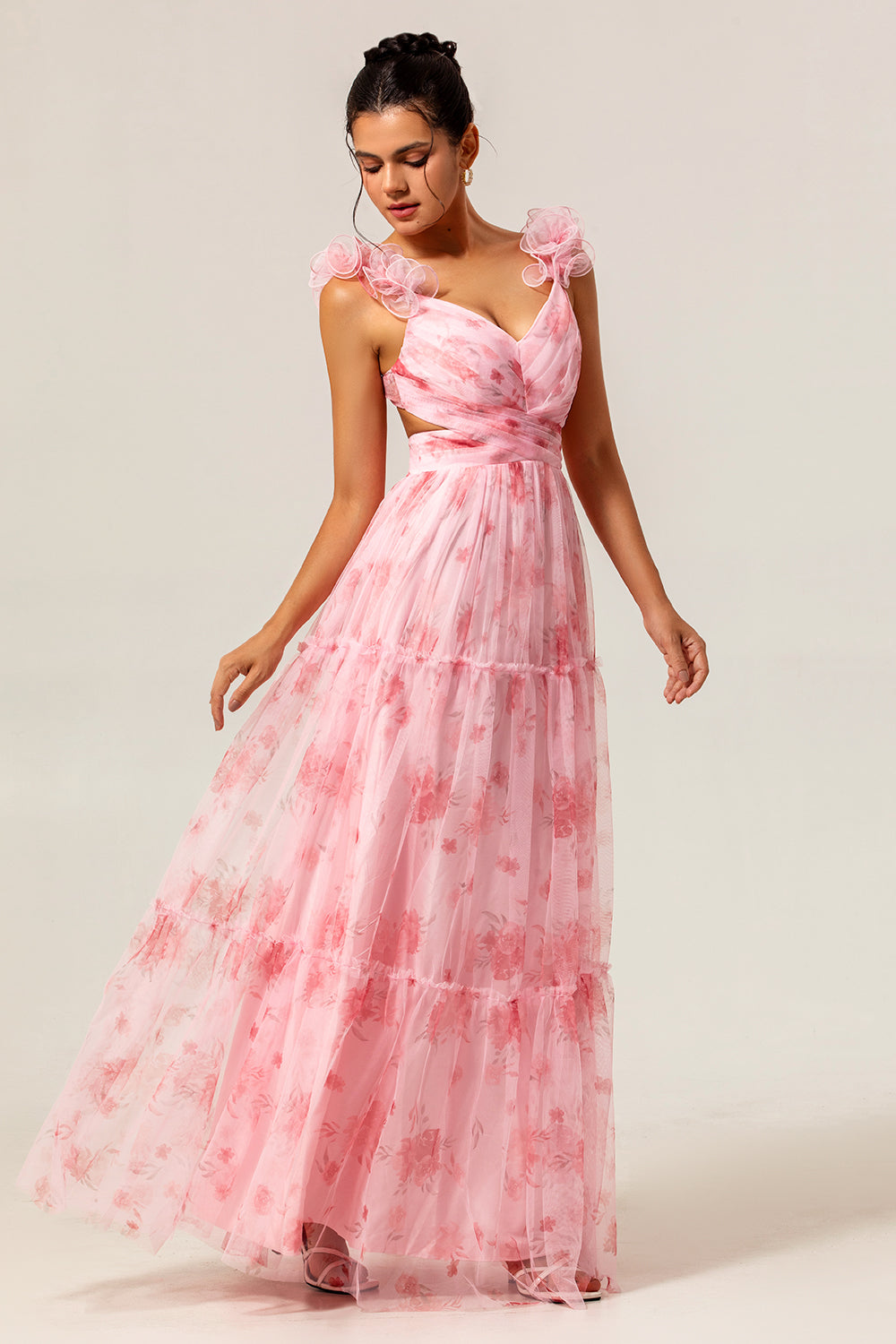 Robe de demoiselle d'honneur longue en tulle volanté ligne A blush fleuri