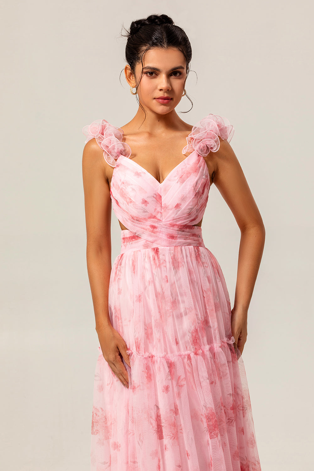 Robe de demoiselle d'honneur longue en tulle volanté ligne A blush fleuri