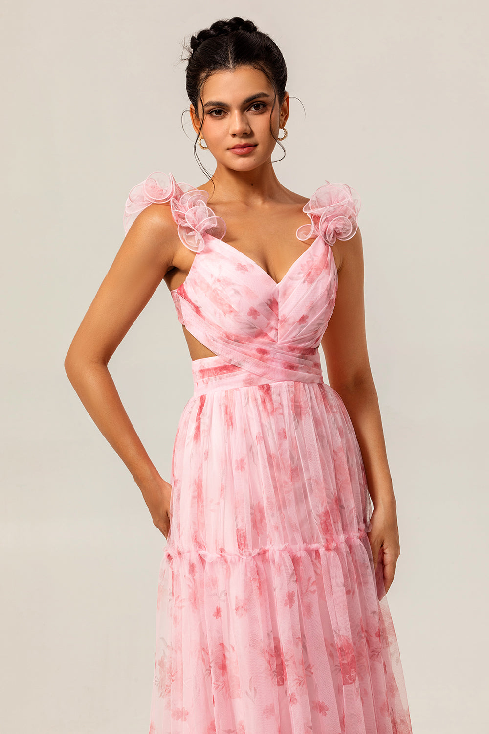 Robe de demoiselle d'honneur longue en tulle volanté ligne A blush fleuri