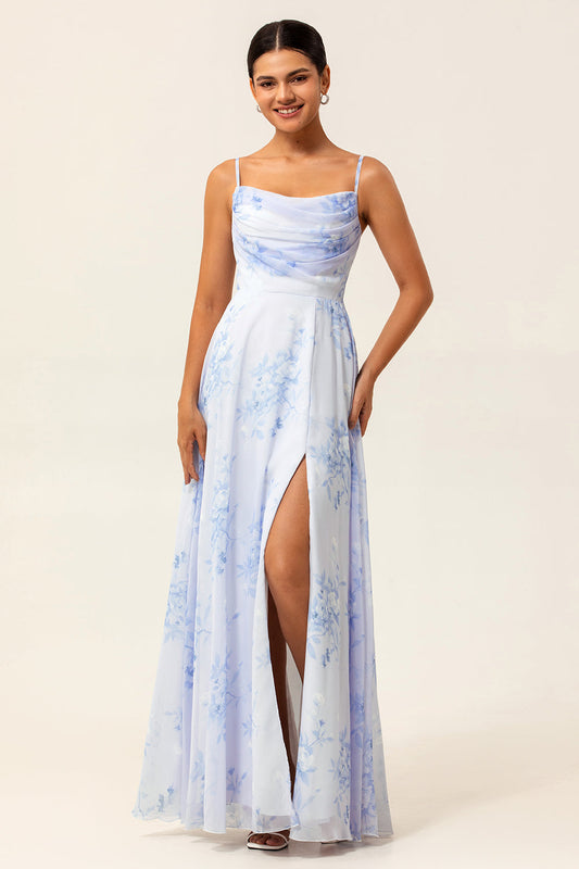 Robe de demoiselle d'honneur longue bleu floral à bretelles spaghetti, coupe évasée, avec fente