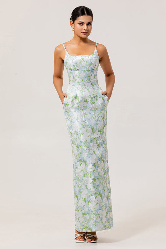 Robe de Demoiselle d'Honneur Fourreau Imprimé Fleuri Bleu et Blanc à Bretelles Fines
