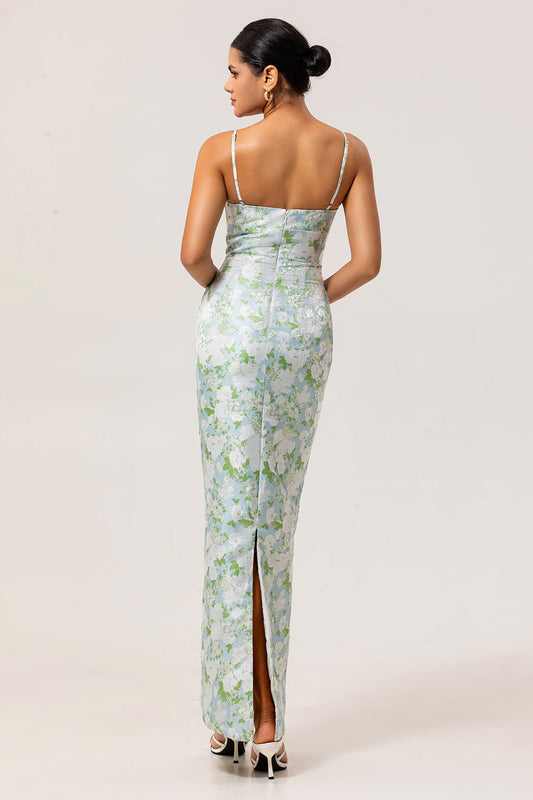 Robe de Demoiselle d'Honneur Fourreau Imprimé Fleuri Bleu et Blanc à Bretelles Fines
