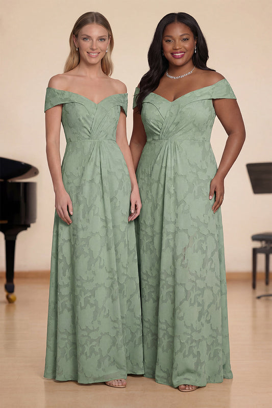 Robe de chorale longue trapèze vert sauge floral à épaules dénudées