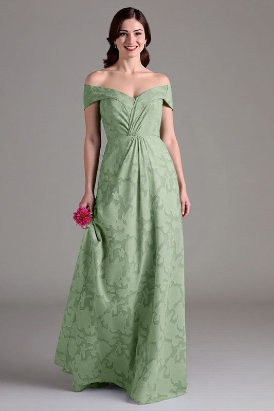 Robe de chorale longue trapèze vert sauge floral à épaules dénudées