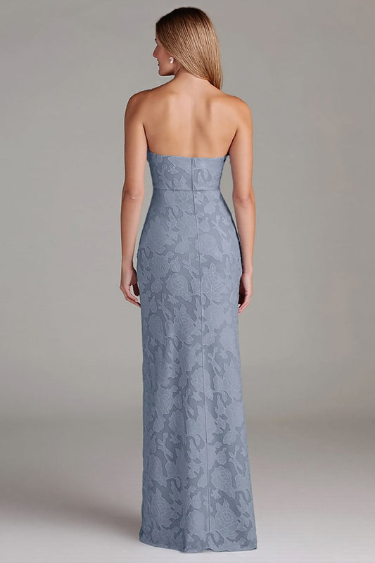 Robe de demoiselle d'honneur longue fourreau bustier bleu poussière