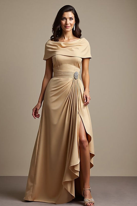 Champagne Off-The-Shoulder Ruched A-Line Choir Dress with Slit