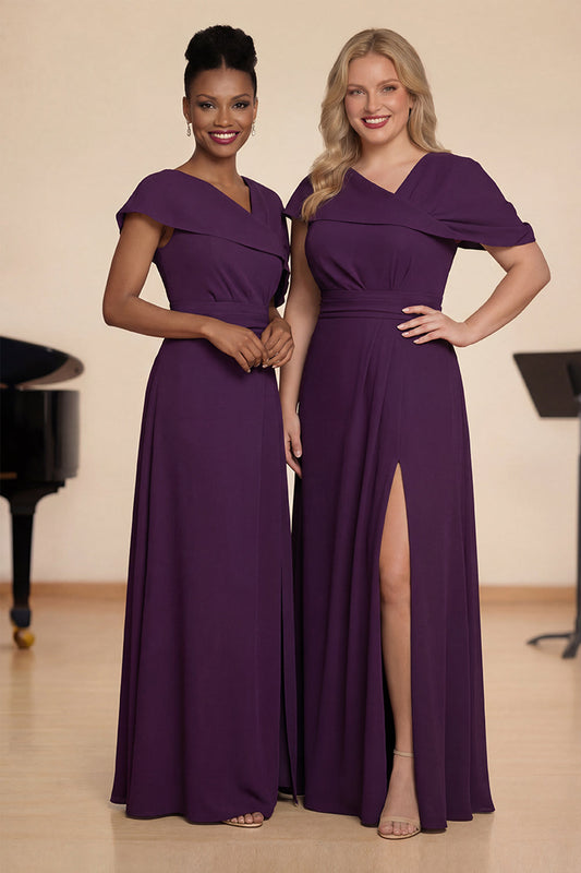 Robe de chœur longue évasée à col en V couleur raisin avec fente