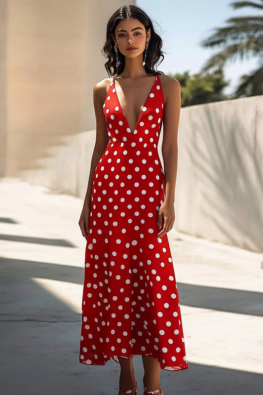 Robe rouge à bretelles spaghetti, col en V, ligne A, pois blancs