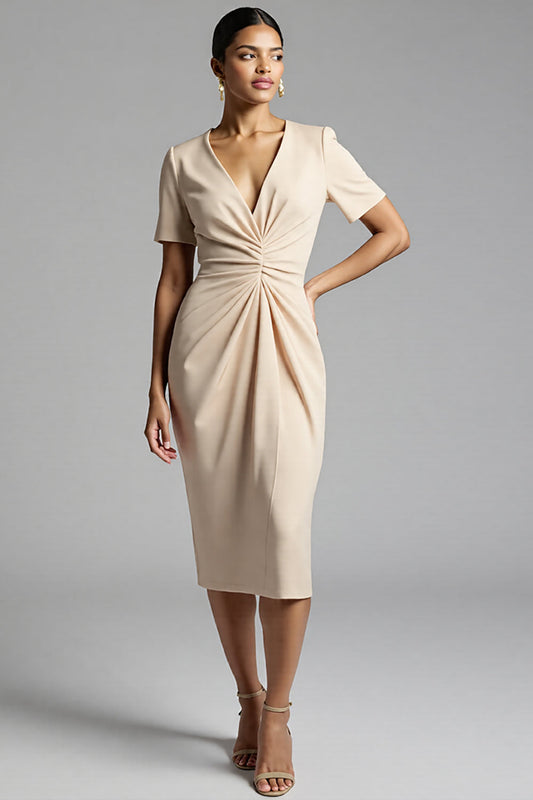 Robe de Travail Midi Fourreau Froncé Simple Couleur Champagne