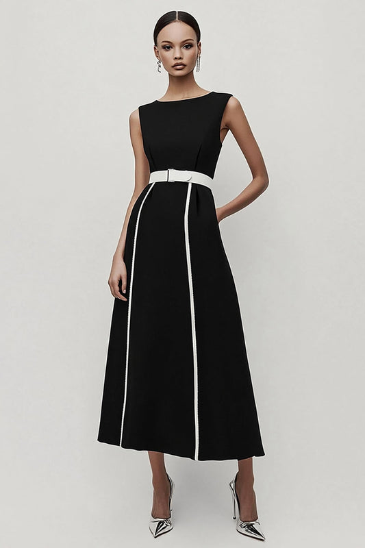 Robe longue de travail évasée en satin noir et blanc