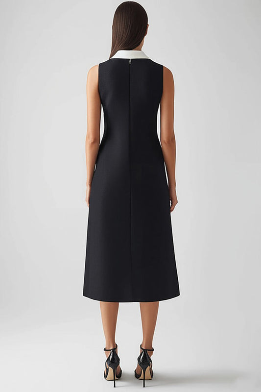 Robe de travail mi-longue en satin noir et blanc avec col officier