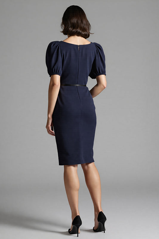 Robe de travail midi moulante bleu marine avec ceinture