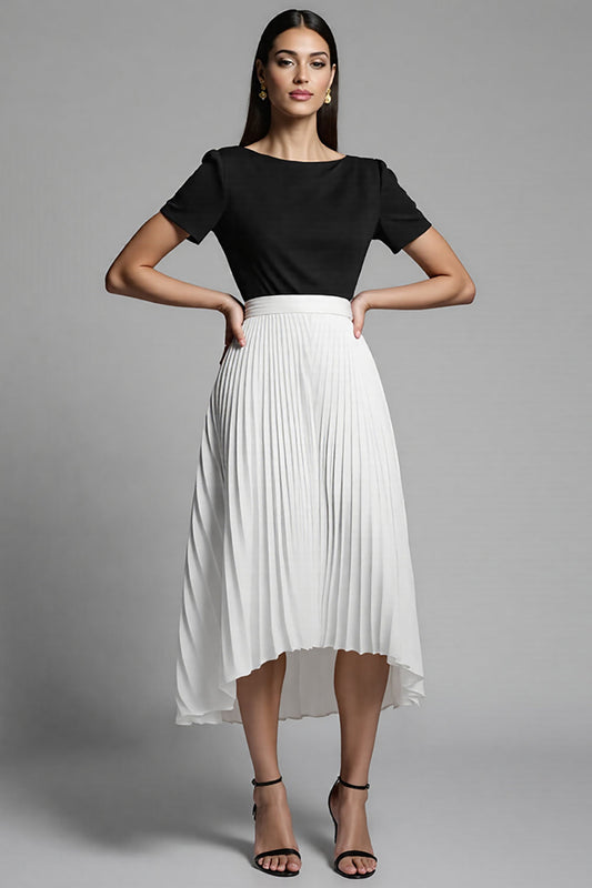 Ivory and Black A-Line Long Work Dress with Pleats