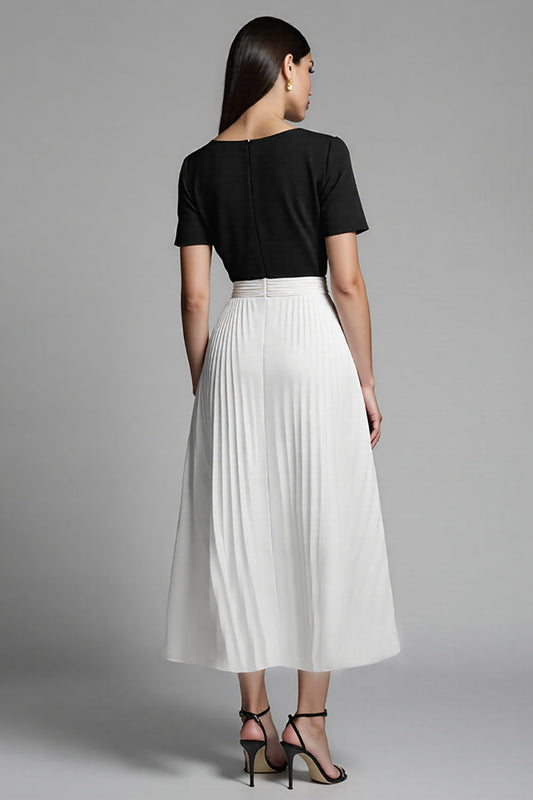 Ivory and Black A-Line Long Work Dress with Pleats