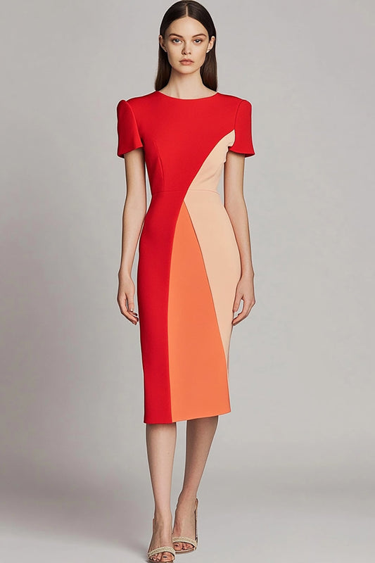 Red Bodycon Patchwork Midi Work Dress with Sleeves