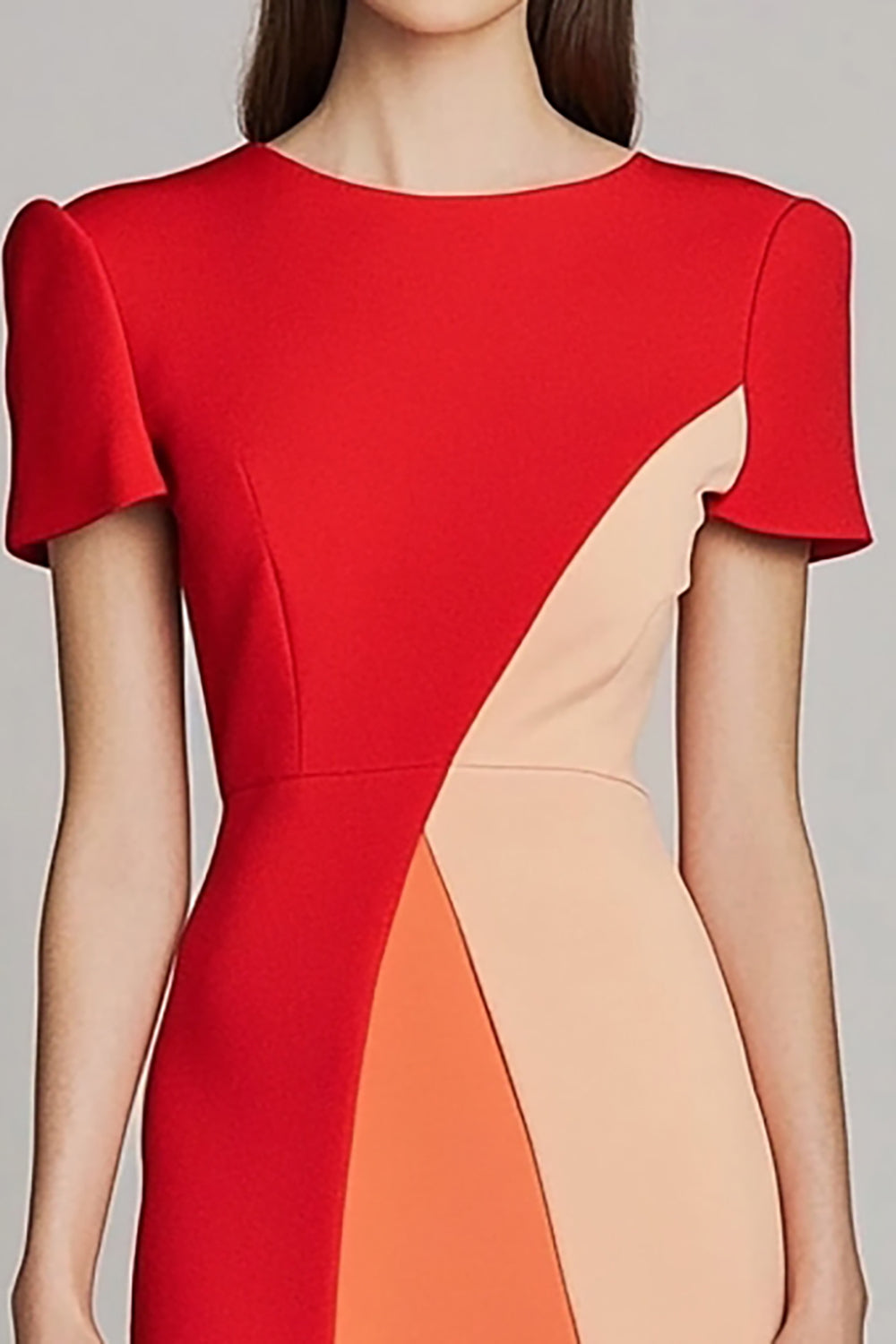 Robe de travail mi-longue rouge moulante à manches et patchwork