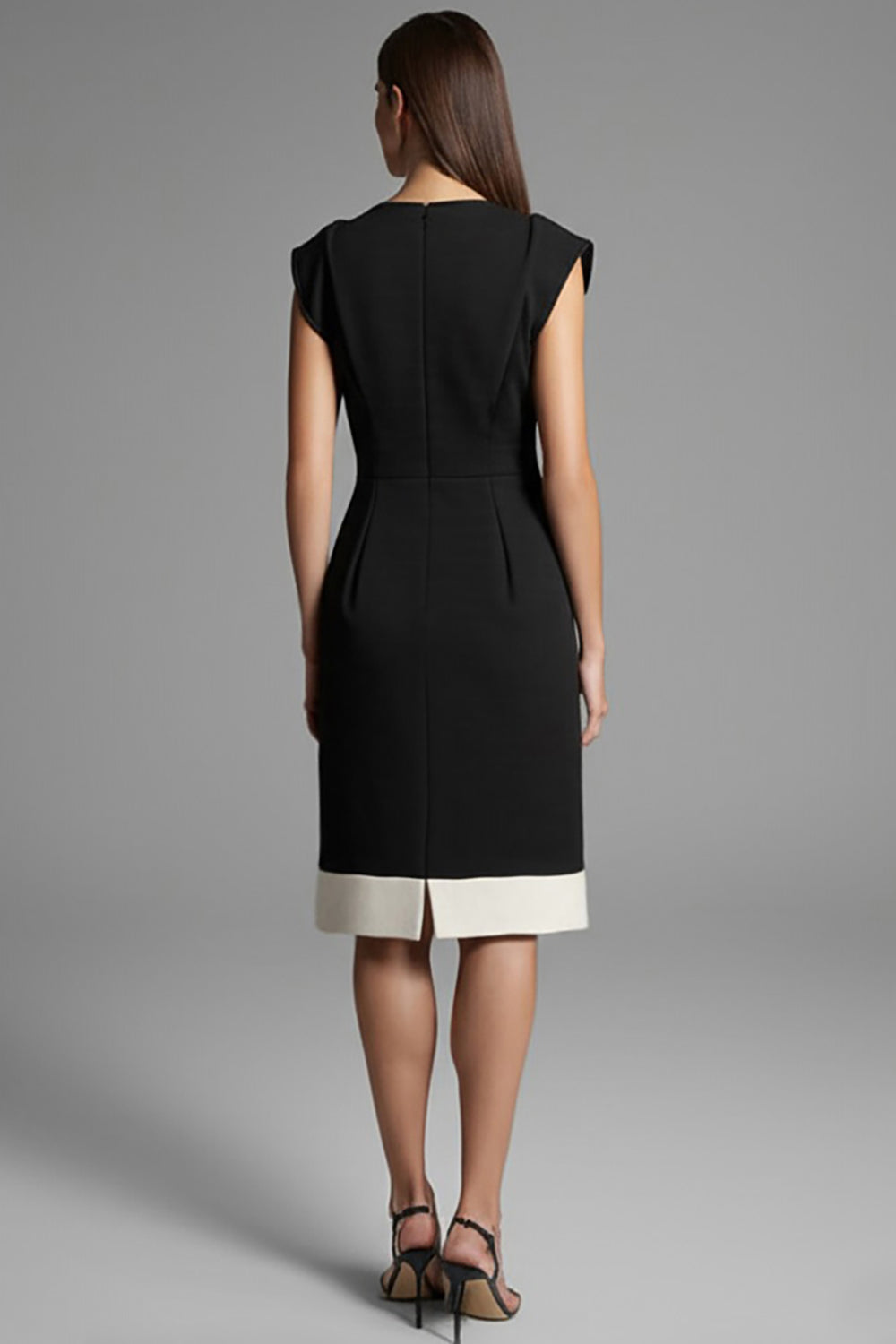 Robe de travail midi noire à col en V, manches courtes et patchwork