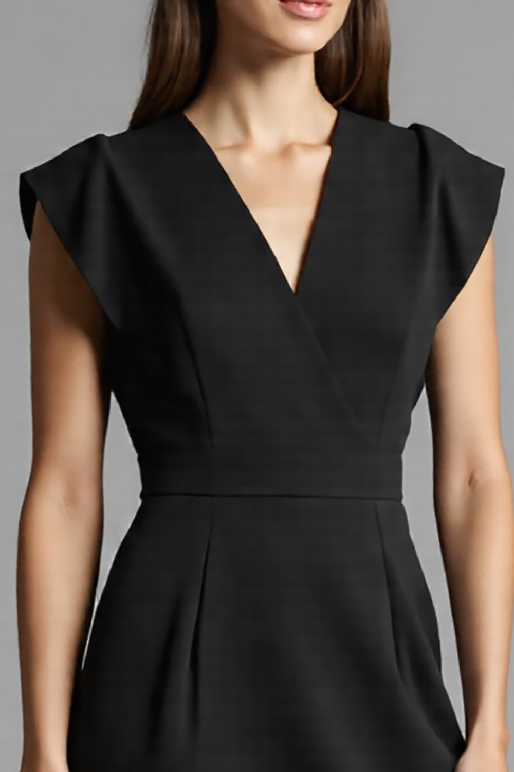 Robe de travail midi noire à col en V, manches courtes et patchwork