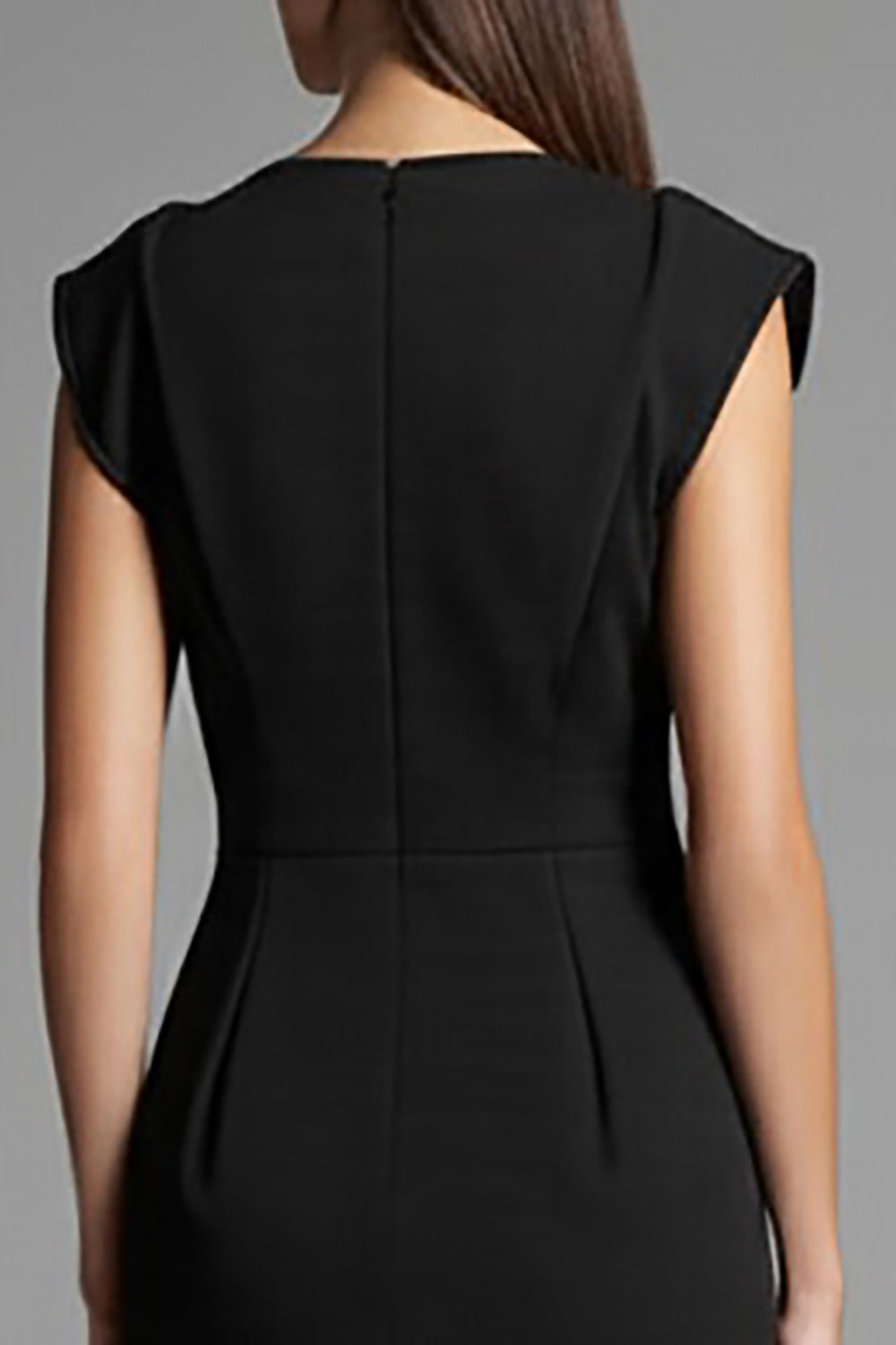 Robe de travail midi noire à col en V, manches courtes et patchwork