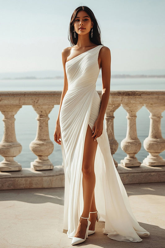 Robe fourreau longue en mousseline ivoire à une épaule, avec fente, pour fiançailles à la plage