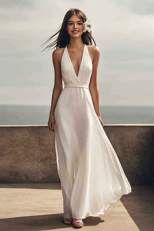 Robe de fiançailles longue fourreau dos nu en mousseline couleur ivoire pour la plage