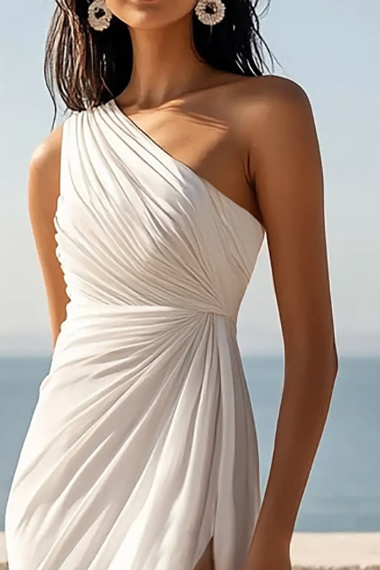 Robe longue fourreau ivoire asymétrique froncée avec fente pour fiançailles à la plage