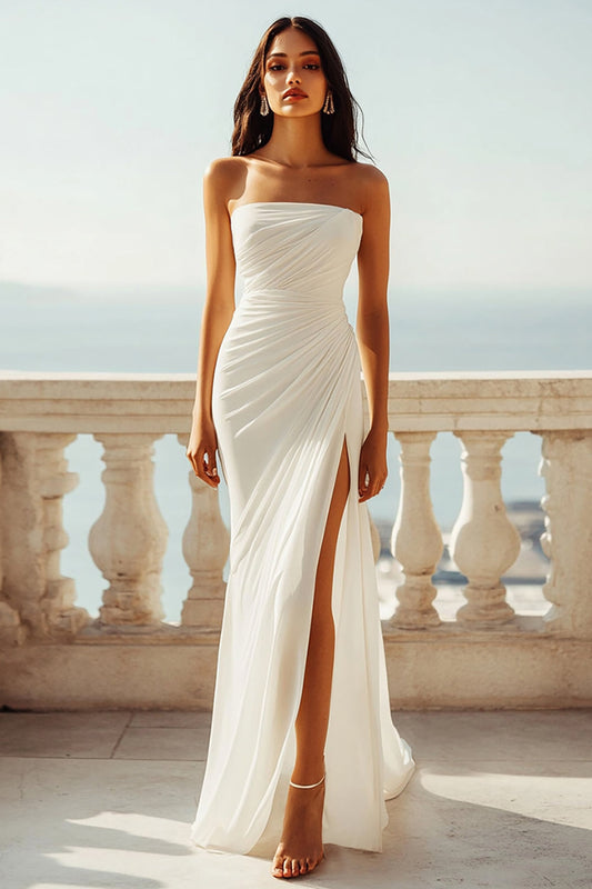 Robe de fiançailles bustier en mousseline plissée ivoire avec fente