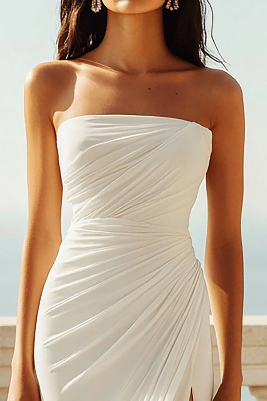 Robe de fiançailles bustier en mousseline plissée ivoire avec fente